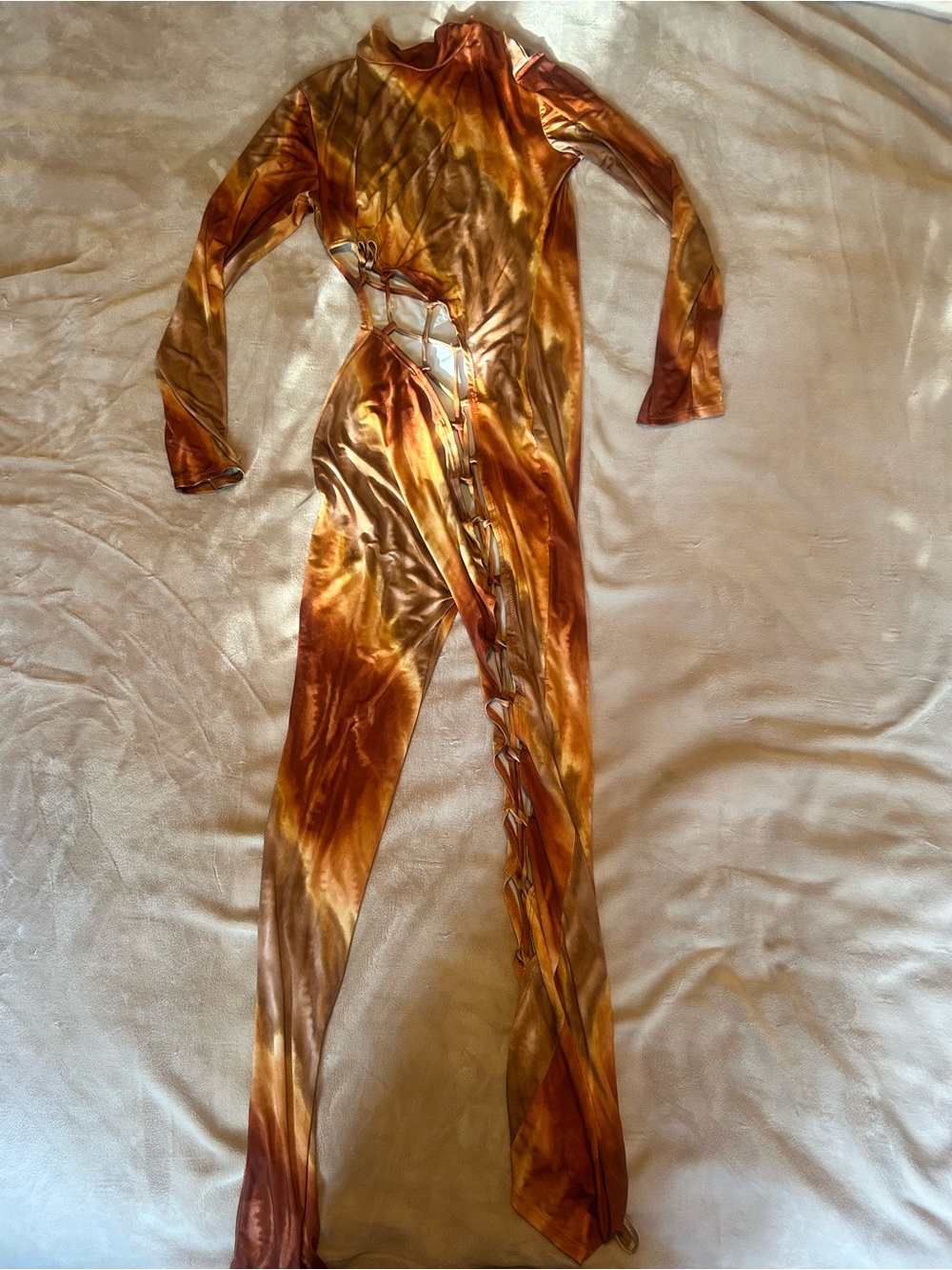 Women's Brown Tie-Dye Lace-Up Jumpsuit Large
